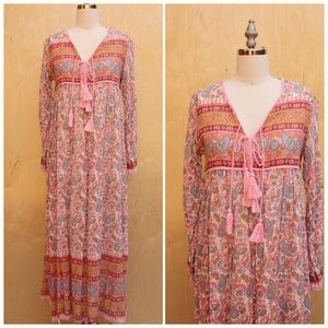 Pink Block Print Cotton Gauze Tassel Long Sleeve Long Maxi Dress Karni Brand